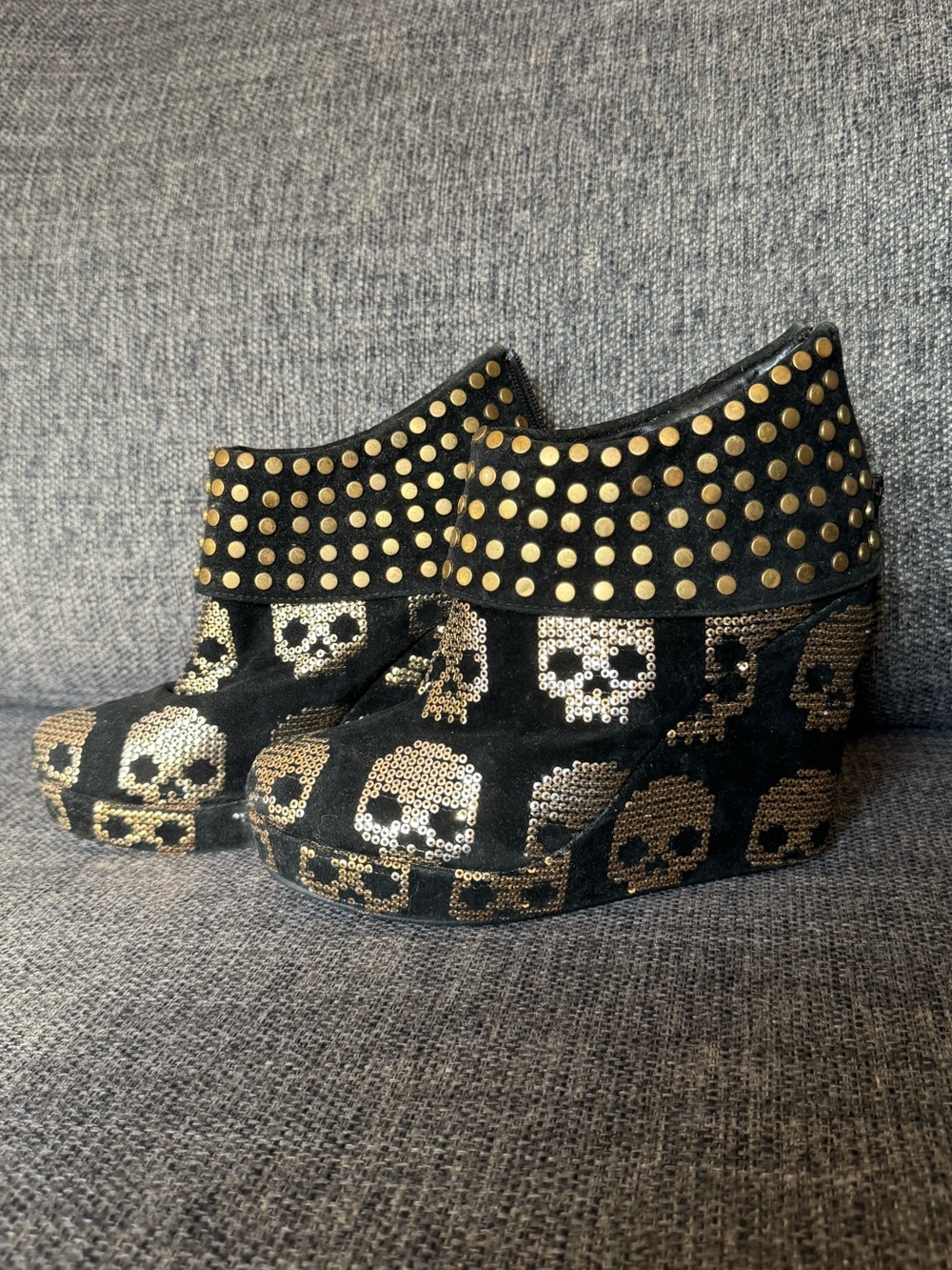 Iron Fist Gold Star Wedge Booties With Sequin Skulls & Studded Fold Over Cuffs